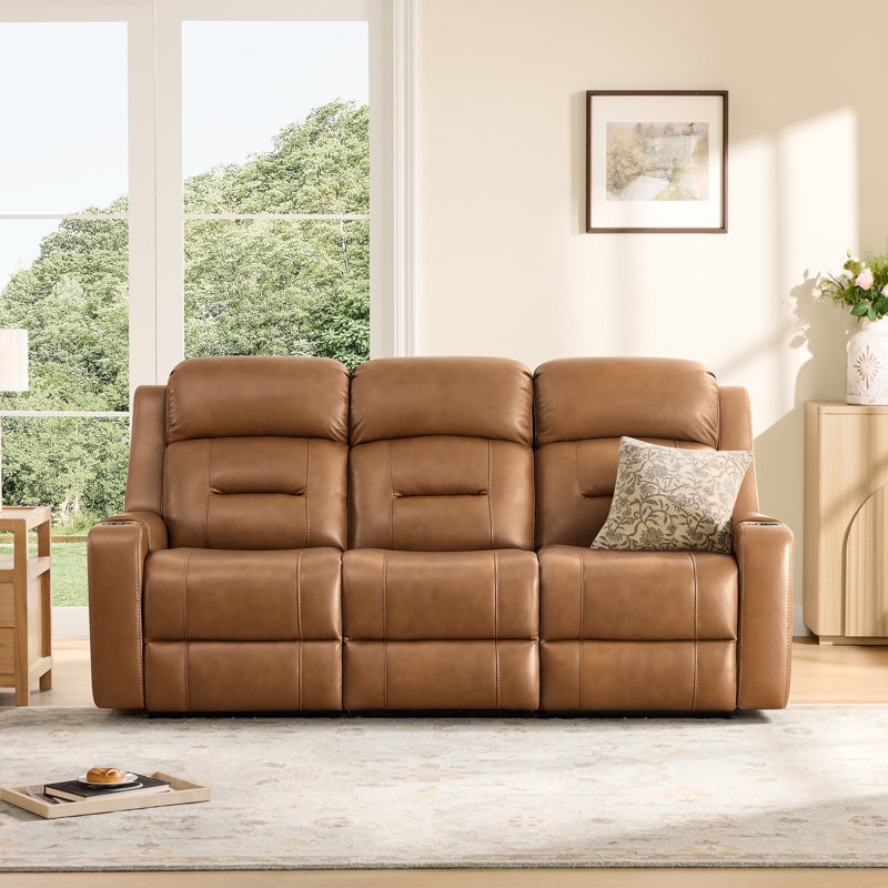Olathe Genuine Leather Dual Motor Power Reclining Lay Flat Sofa With Power Headrest, Saddle