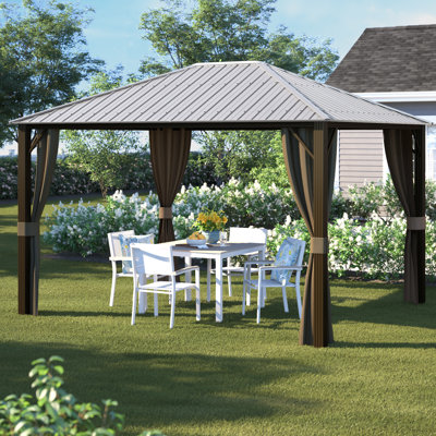 Pavillon de jardin gris à toit rigide double avec rideau et moustiquaire Kozyard