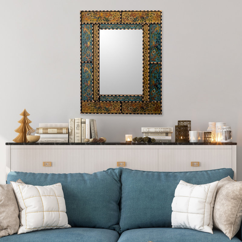 Erzsi Solid Wood Rectangle Mirror, Gold/Blue