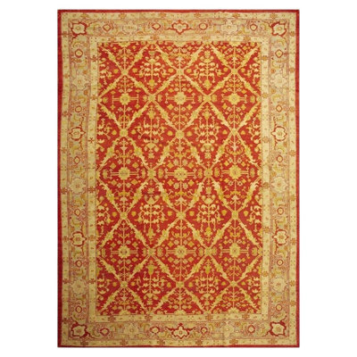 1890s Traditional Red Diamond Knotted Wool Antique Oushak Turkish Decorative Rug
