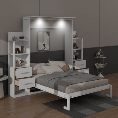 Lit escamotable double intégré au mur avec 4 tiroirs de rangement, éclairage à DEL et tablettes de rangement, fabrication en bois
