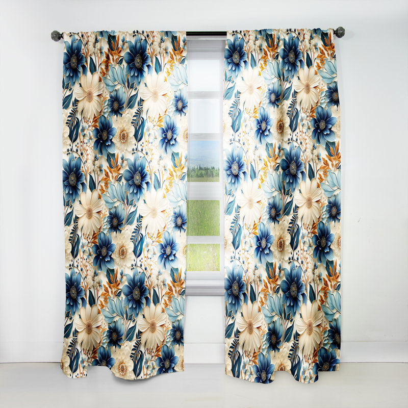 Fleurs d'hibiscus Boho blanc bleu - Rideau floral - Velours obscurcissant - 1 panneau, L 52 po x L 84 po