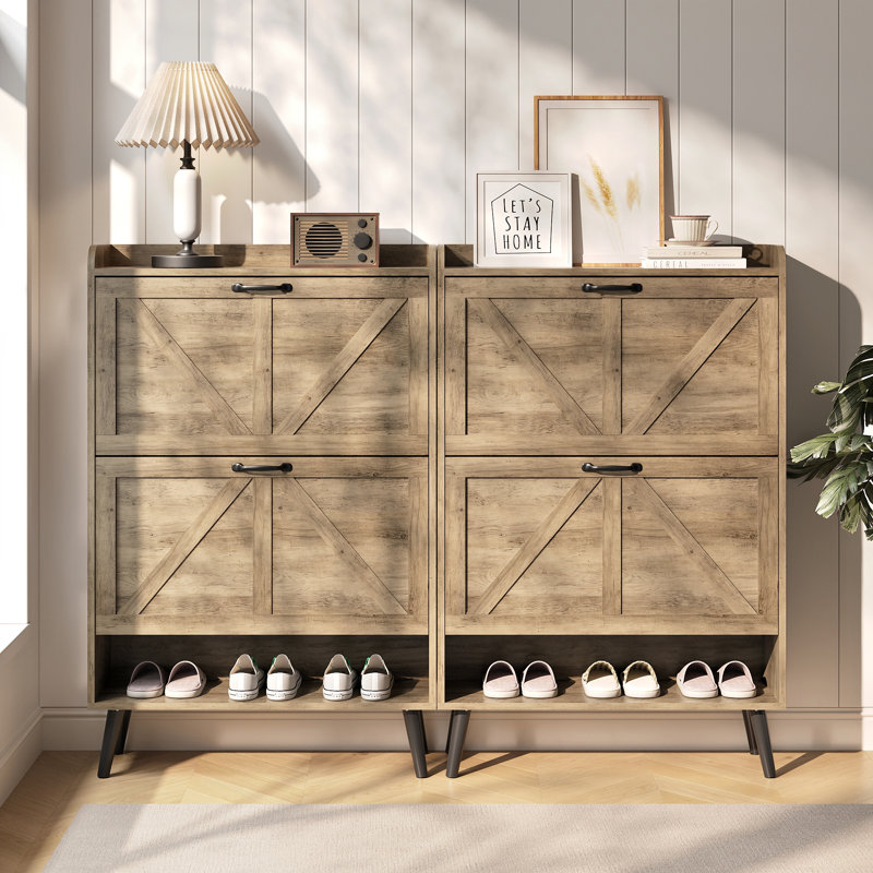 Farmhouse Shoe Cabinet with Drawer, MDF Wood Hidden Shoe Storage for 20 Pairs, Shoe Organizer Entryway, Beige