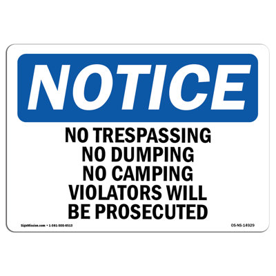 No Trespassing No Dumping No Camping Violators Plastic Sign 14" X 10"