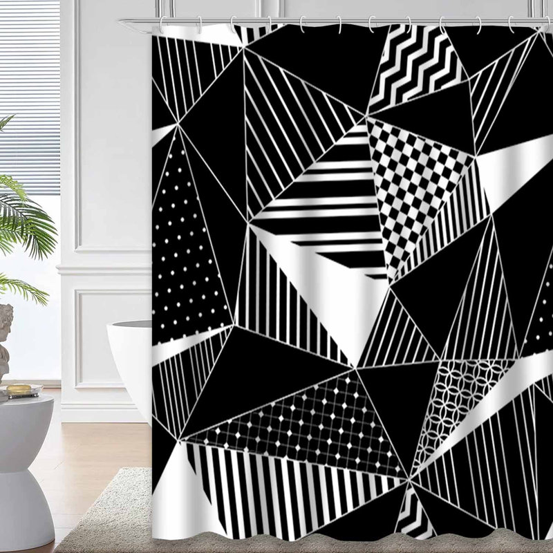 Rideau de douche abstrait à rayures géométriques blanches avec 12 crochets, 72" L x 84" W