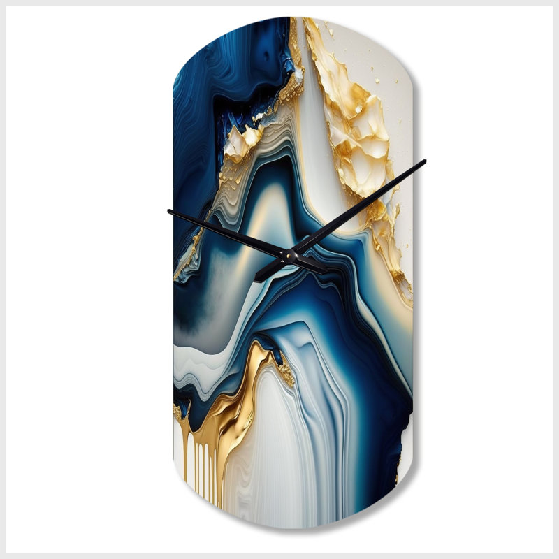 Abstract Geode Gold And Blue Marble II - Cylinder Shape Large Blue Wall Clock Sculpture, Small