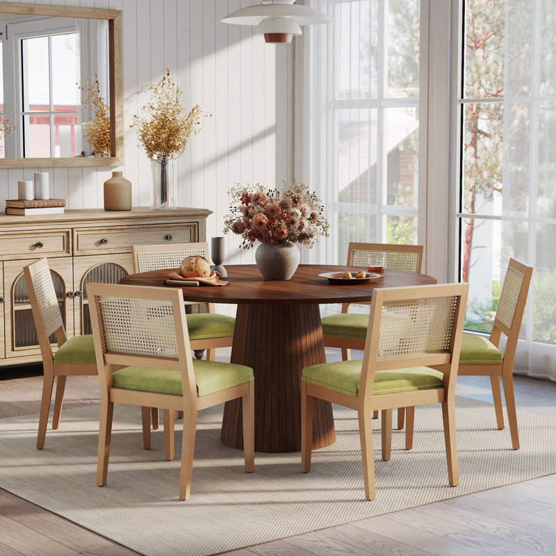 Ensemble de table de salle à manger ronde à piédestal avec 4 à 6 chaises à dossier en rotin, ensemble de table de salle à manger de style campagnard avec chaises rembourrées en chenille et pieds en bois massif pour 4 à 6