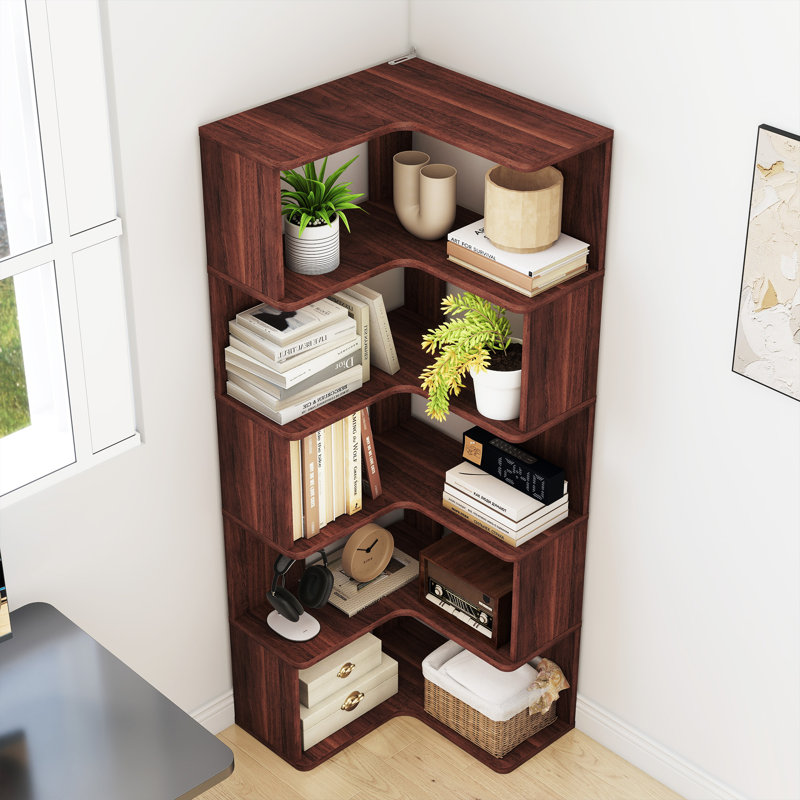 5-Tier Corner Bookshelf, 62.2" Tall Wooden Bookcase with Baffle, Large Modern Display Rack for Living Room, Home Office Storage, Walnut