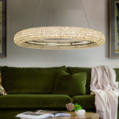 Calarojo 32 inch Unique/Statement Silver LED Wagon Wheel Chandelier With Crystal Beads Accents