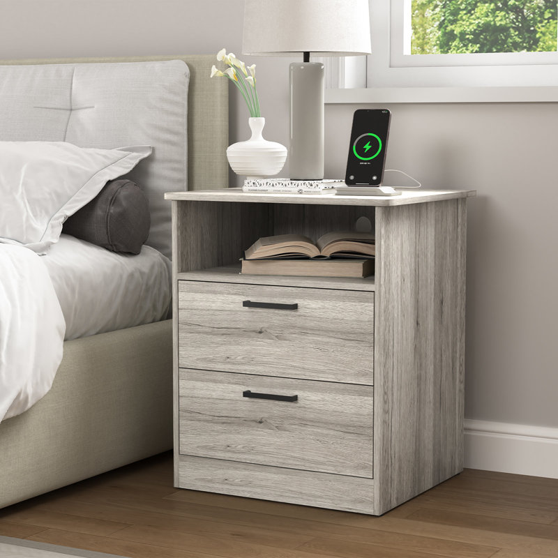 Grande table de chevet moderne à 2 tiroirs grise avec prises USB C et CA pour une recharge facile