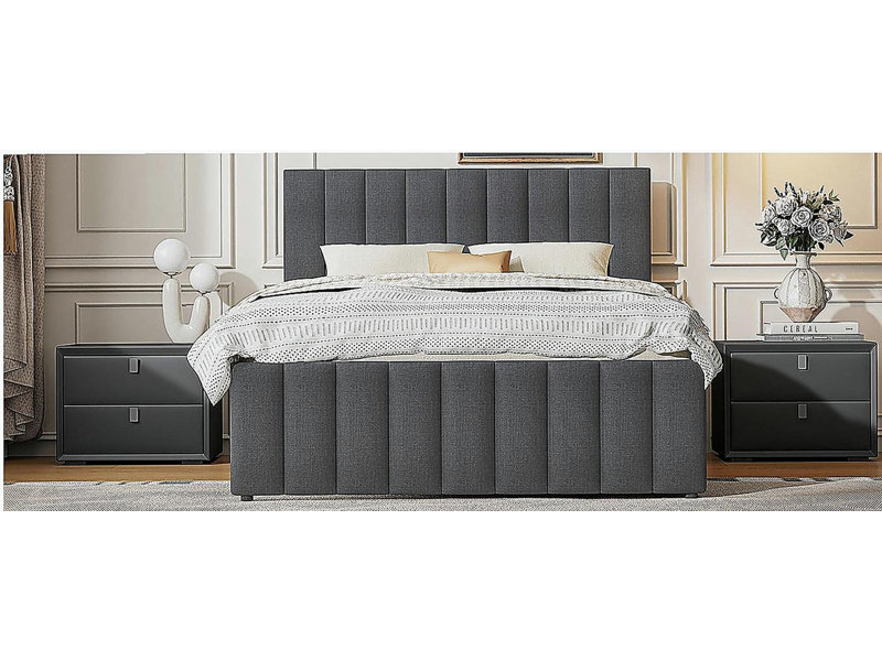 Lit plateforme double avec roulettes doubles et 3 tiroirs en lin, Beige