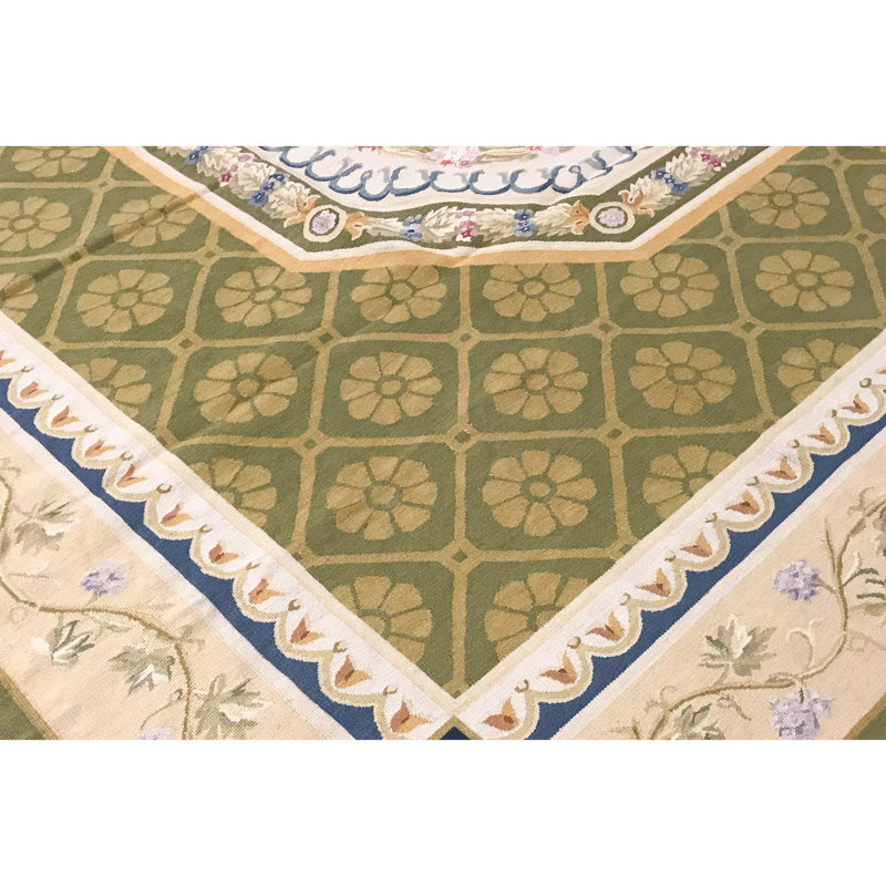Hand-Knotted High-Quality Green and Ivory Area Rug
