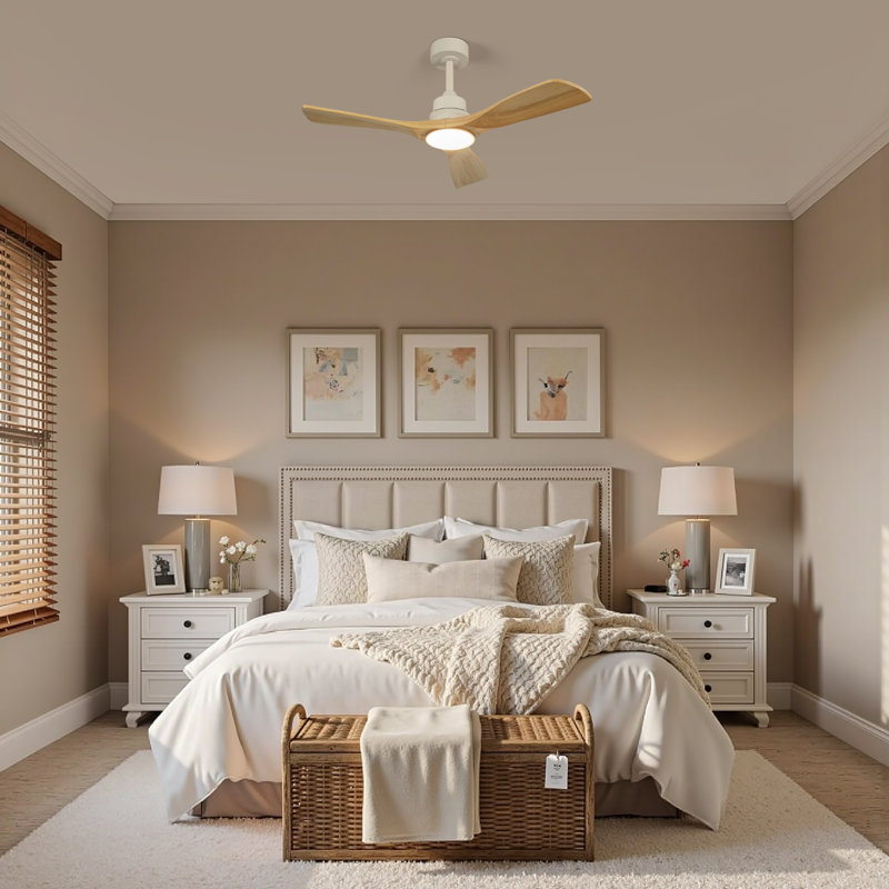 Ventilateur de plafond 42 po en bois massif avec lumière et télécommande, ventilateur de chambre à coucher moderne à 3 pales avec lumière DEL à intensité variable et moteur à courant continu réversible