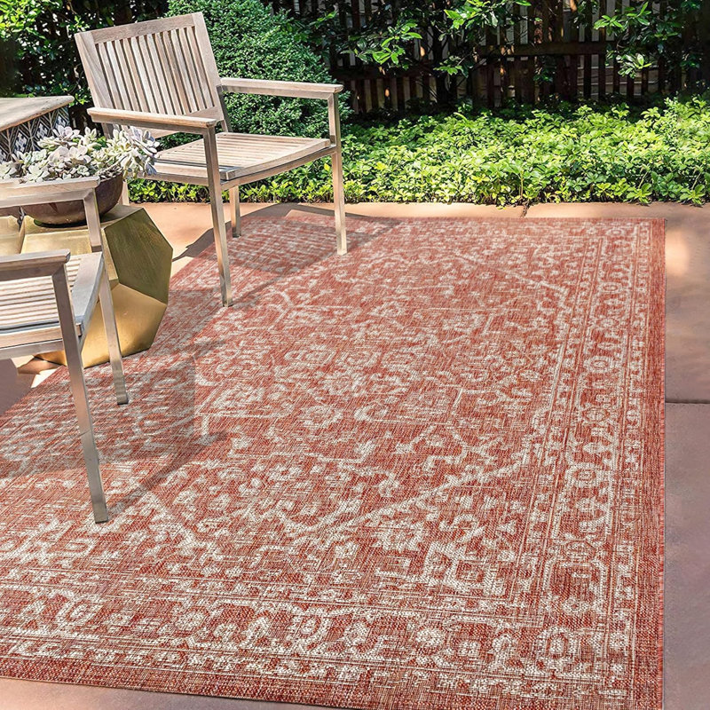 Tapis intérieur/extérieur 90 x 150 cm rouge/taupe, tissage texturé Malta pour jardin