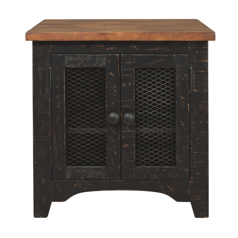 Valebeck Vintage Black and Brown Rectangular End Table with Interior Shelves