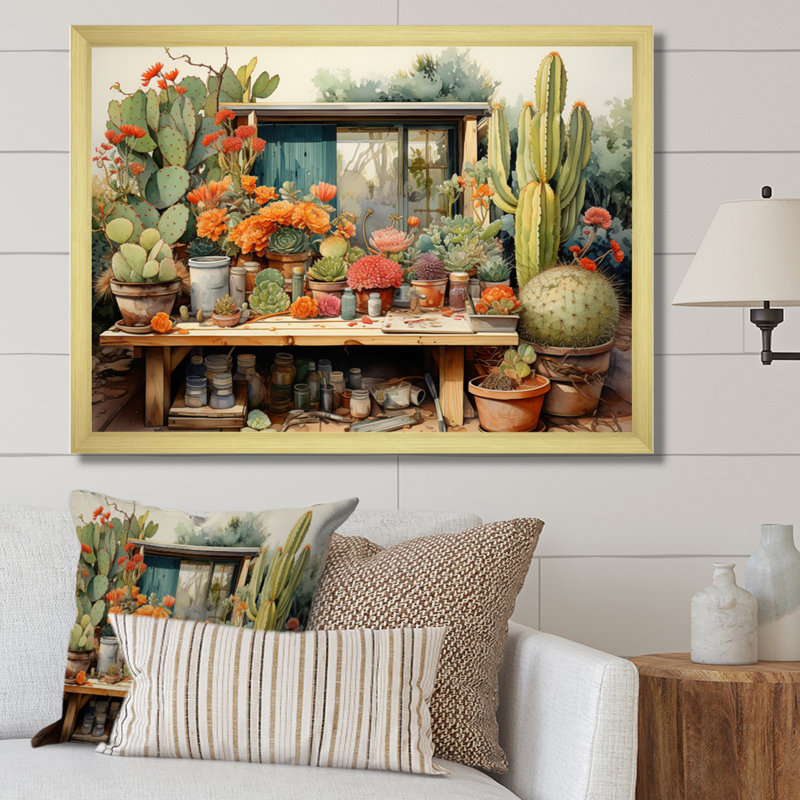 «Mexico Cactus Oasis Impasto III», reproduction d'art sur toile, H 34 po x l 44 po x P 1,5 po, Cadre doré simple