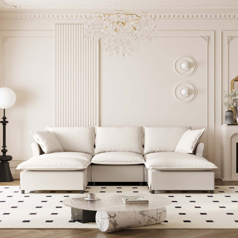 Canapé modulaire avec repose-pieds Chenille, Chenille beige