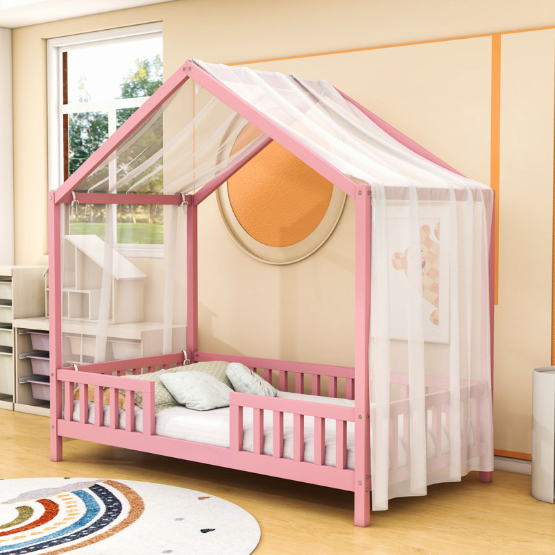 Lit en bois avec garde-corps, Simple, Rose