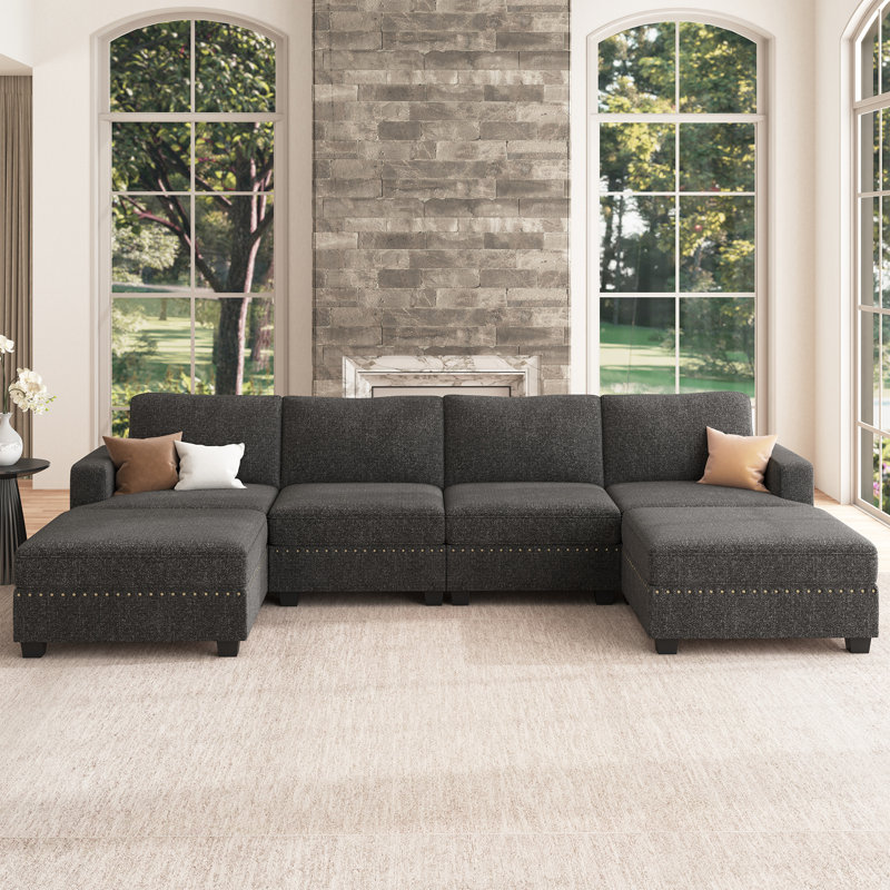 Canapé modulaire en U avec rangement Anureet, Oui, Polyester gris foncé, H 35 po x l 121,4 po x P 59,9 po