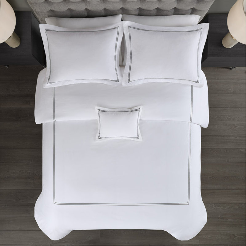 Ensemble d'édredon 100% satin de coton brodé double / grand, Housse de couette grand + 4 pièces supplémentair, Gris / Blanc