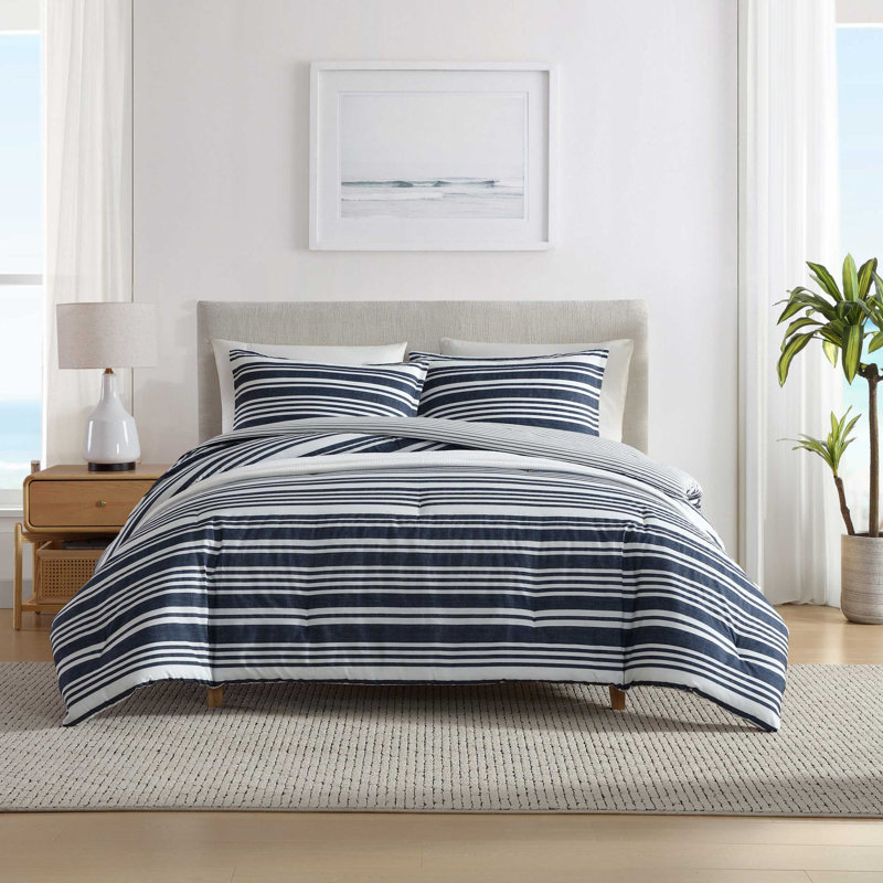 Nautica Coastline Stripe Cotton Reversible Blue Comforter Set, King Comforter + 2 King Shams