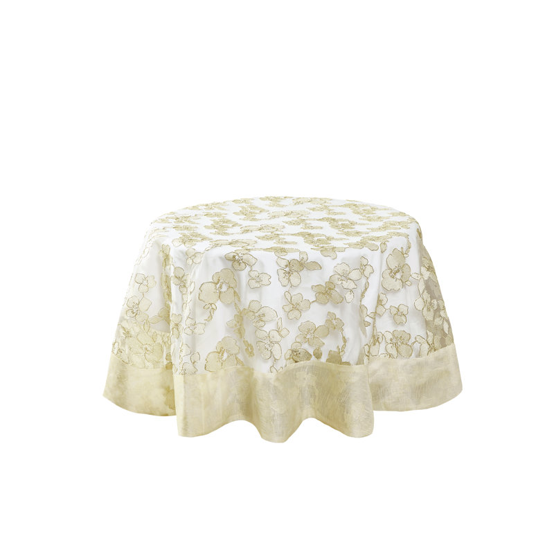 August Grove® Ribbon Rose Mesh Lace Pattern, Polyester, Wire Lace Embroidery With Border, Ivory, 70 Inch Round, Seats 4 To 6 People, Tablecloths
