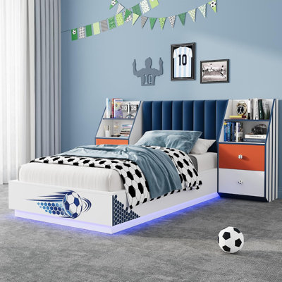 Twin Size Soccer‑Themed Floating Upholstered Bed Frame with Velvet Headboard, RGB LED Lights and 2 Nightstands, Solid Wood Slat Support, No Box Spring Needed