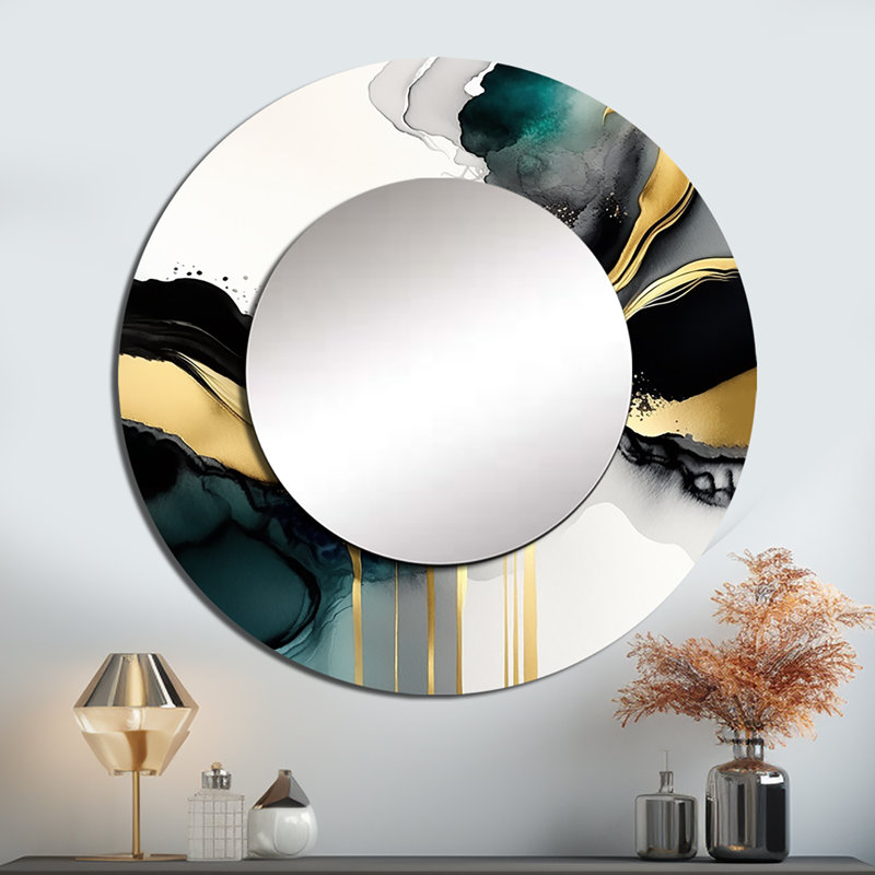 Qiona abstrait géode marbre blanc et or V - grand miroir, miroir mural rond blanc décoratif, art imprimé en métal