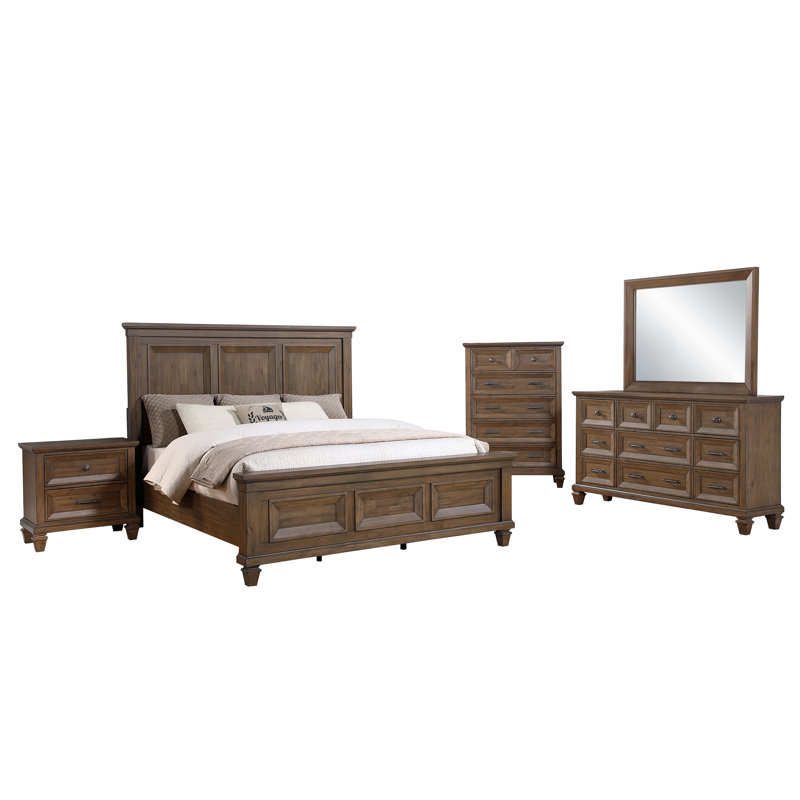 Ensemble de chambre à coucher en bois avec commode 5 pièces Gurkamal, brun moka, Très grand californien