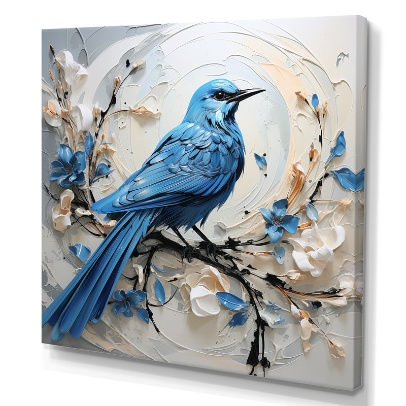 Oiseau bleu minimalisme blanc et fleurs bleues, H 16 po x l 16 po x P 1 po