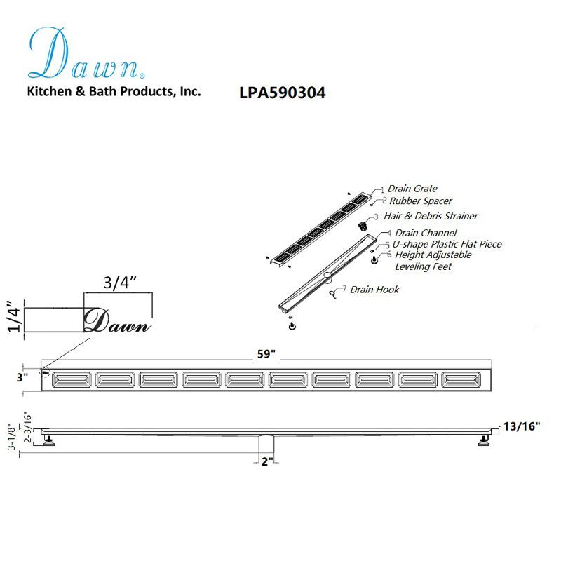 59 Inch Long Stainless Steel Linear Floor Shower Drain