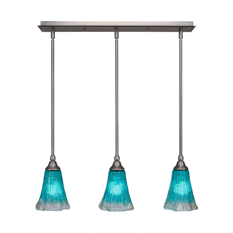 3 Light Stem Hung Linear Pendalier Shown With 5.5" Fluted Teal Crystal Glass, Brushed Nickel