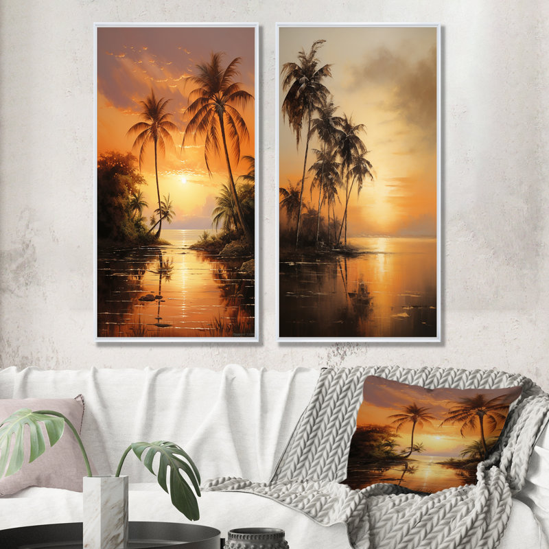 Palmier, escapade tropicale, coucher de soleil, bronze, plage, palmiers et palmiers, ensemble d'art mural sur toile
