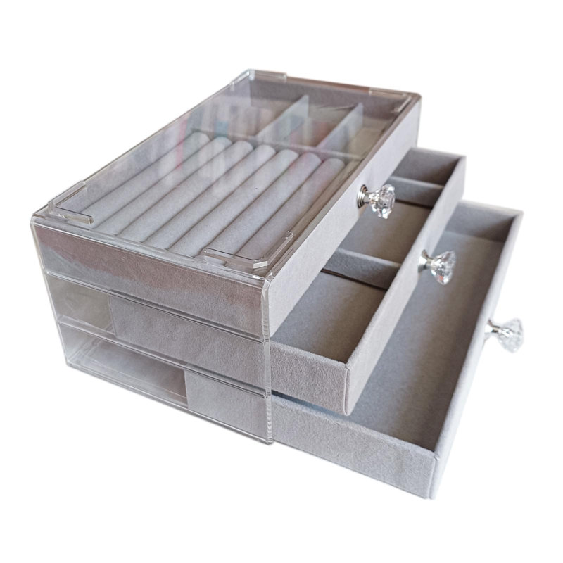 Stackable Clear Acrylic Velvet Jewellery Storage Box With 3 Drawers, Grey