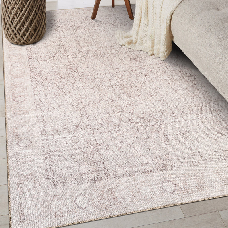 Elise Beige Distressed Rug – Machine Washable Flatweave Style With Non-Slip Backing, Rectangle 4' x 6'