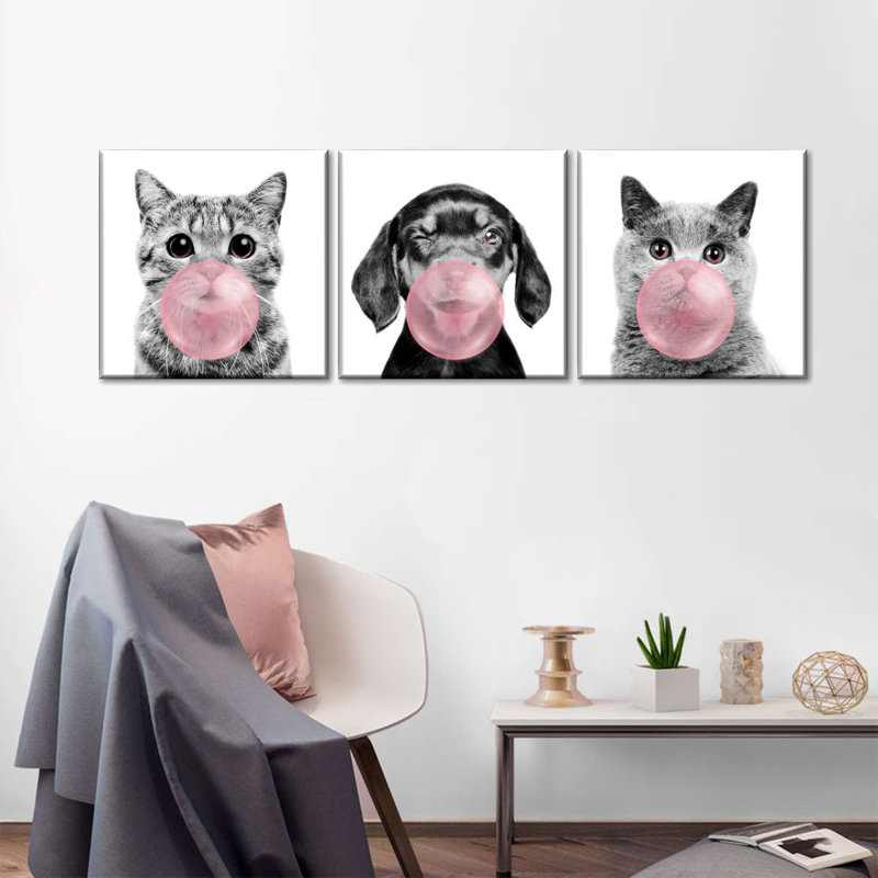 «Funny Animal Bubble Gum», ensemble de 3 reproductions sur toile 3 pièces, H 8 po x l 26 po x P 1 po