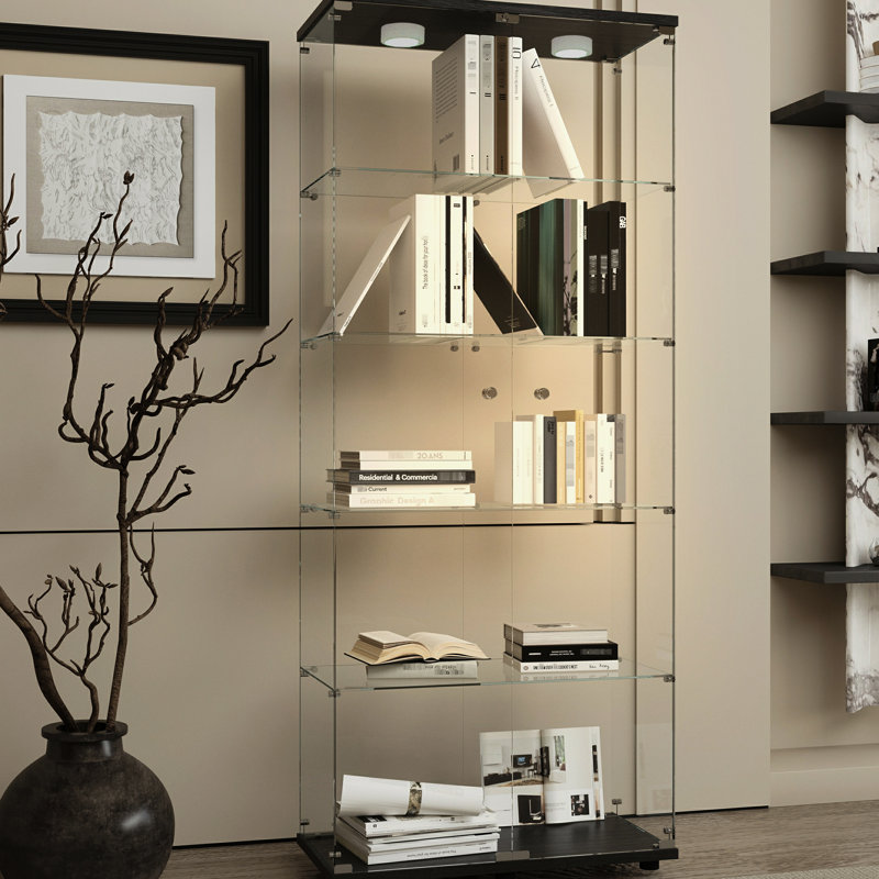 Armoire de rangement en verre trempé noir avec lumières télécommandées, éclairage intégré, 5 espaces ou plus, style classique, pieds réglables en bois franc d'ingénierie réglables et capacité de 110 lb, 13,93 po de largeur,