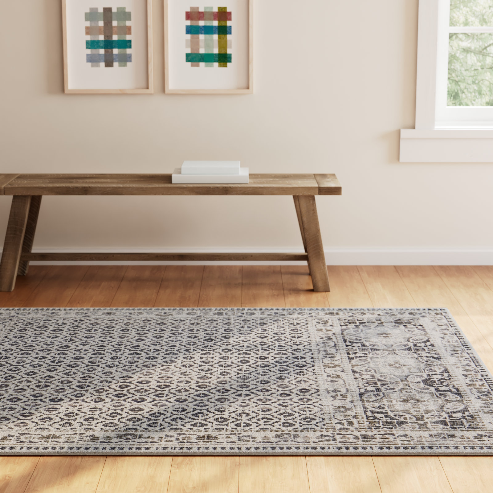 Chander Charcoal Ivory Oriental Rug, Rectangle 6'7" x 9'6"