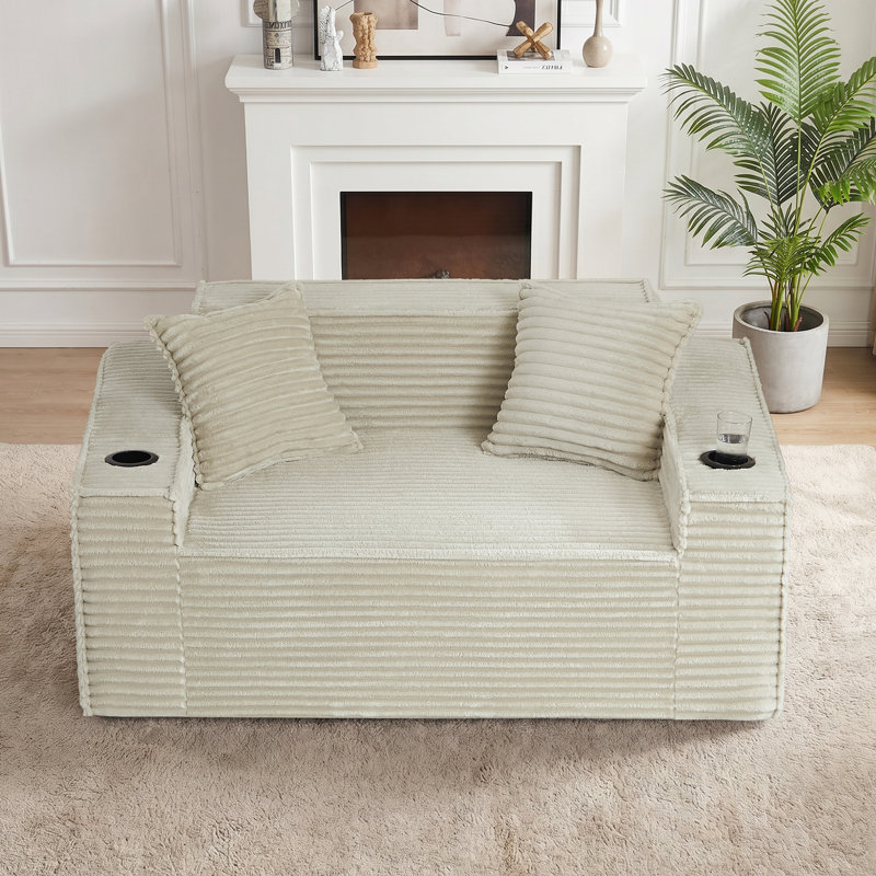 Boneless 61'' W Oversized Foam Sofa Loveseat with Pillows, Compression Corduroy 2-Seater Sofa Upholstered Couch with 2 Cup Holders for Living Room, Bedroom, Apartment, Office