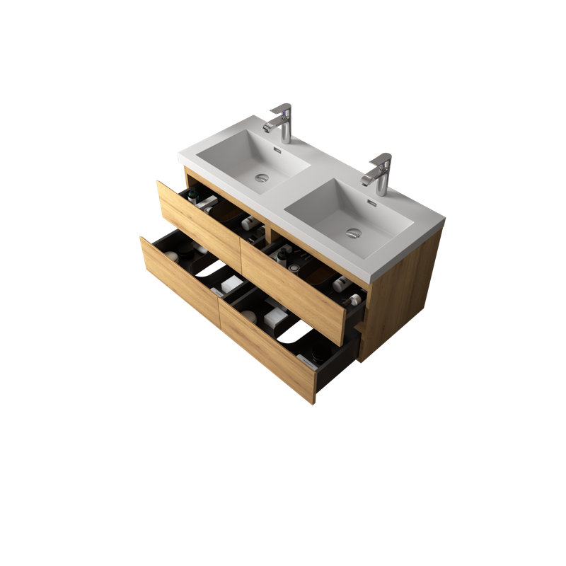 Meuble-lavabo double mural 48 po avec plateau en pierre blanche brillante et 4 tiroirs A.Oak Modern, 48
