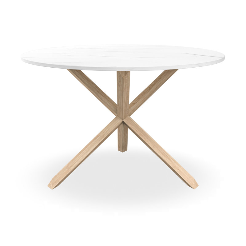 Davasher Round Dining Table Black Table Top w Solid Oak Legs, Tan, Black