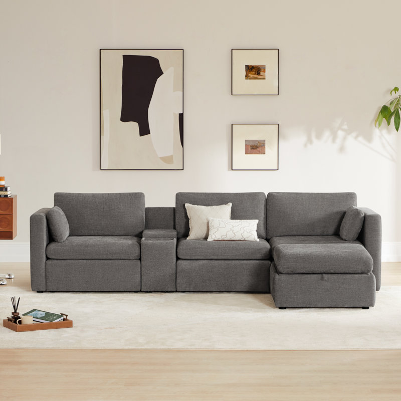 Winfree 4- Piece Upholstered Sectional With Console, Fossil Gray Polyester