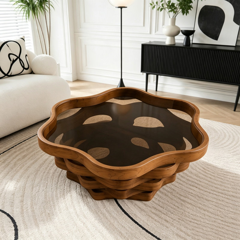 Table basse irrégulière en forme de nuage avec plateau en verre trempé