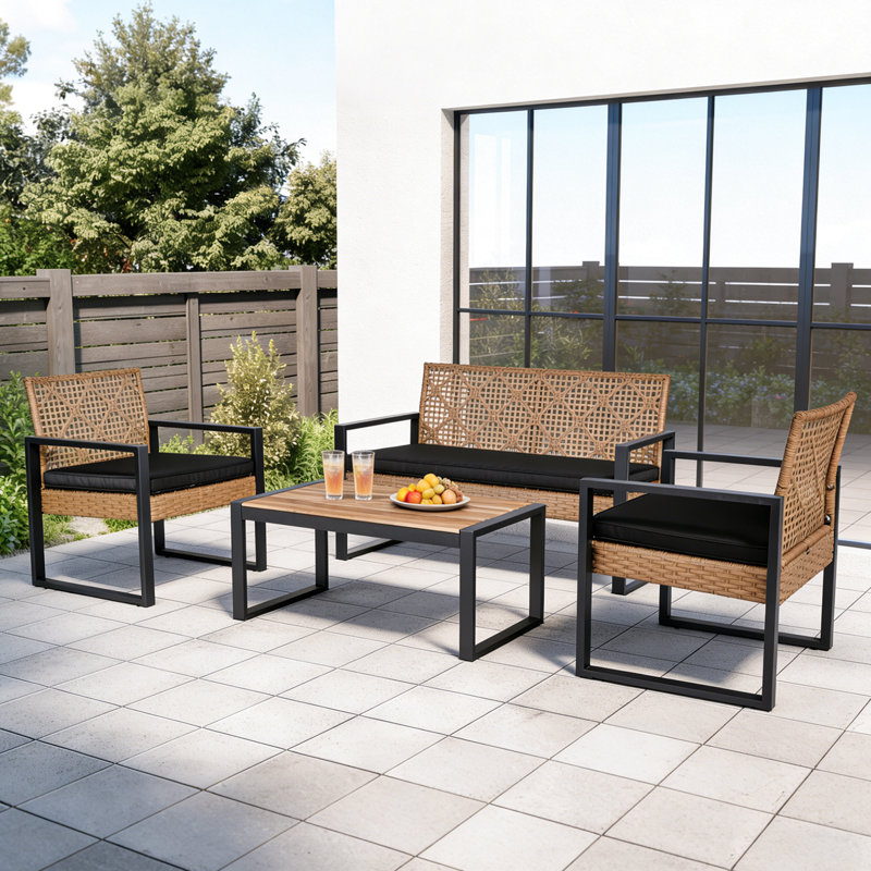 4 - Person Patio Wicker Conversation Sets with Cushions, Black Cushion/Brown Frame