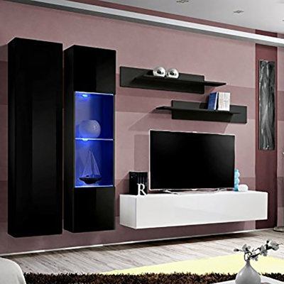 Meuble audio-vidéo mural flottant moderne 100 "avec éclairage à DEL 16 couleurs Villard, finition brillante