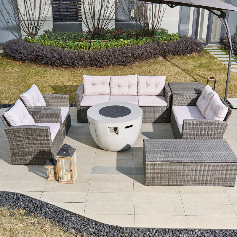 7-piece Rattan Patio Sectional Sofa Set With Fire Pit Table