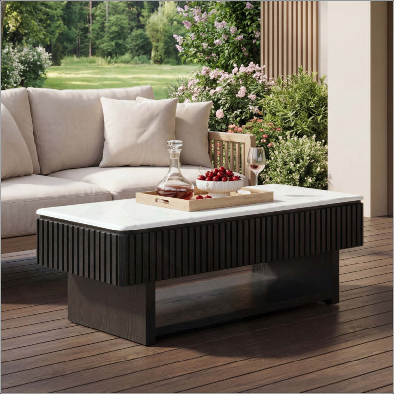 Table basse rectangulaire à plateau relevable avec tiroir et rangement caché, table cannelée moderne avec plateau en marbre et bandes en bois massif, table centrale multifonctionnelle pour les petits espaces, salon