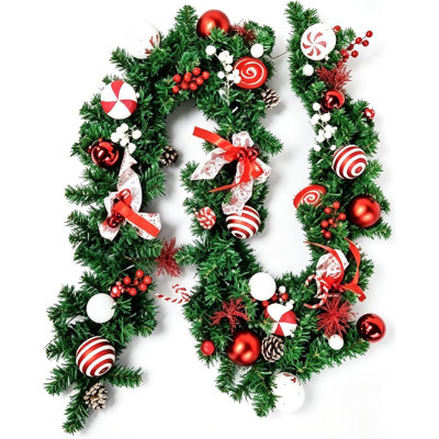 6FT Red Candy Christmas Wreath, PVC Moon Garland Decor | Festive Red Candy Style, Reusable Seasonal Decor, Indoor Outdoor Hanging Display