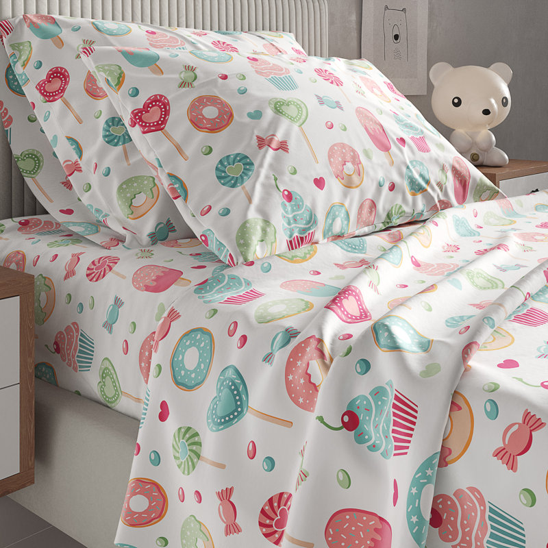 Kids Queen White Microfiber Candy Print Sheet Set