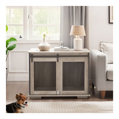 Mobilier de cage pour chien de ferme avec porte de grange coulissante, table de bout de chenil en bois pour ferme avec plaque rabattable pour chien avec cloison amovible pour petit / moyen / grand chien